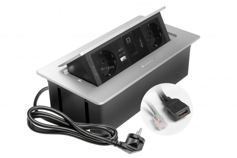 Tomada de mobiliário MULTISOFT, 2xSCHUKO, USB A+C, RJ45, cabo HDMI 1.5 m, alumínio