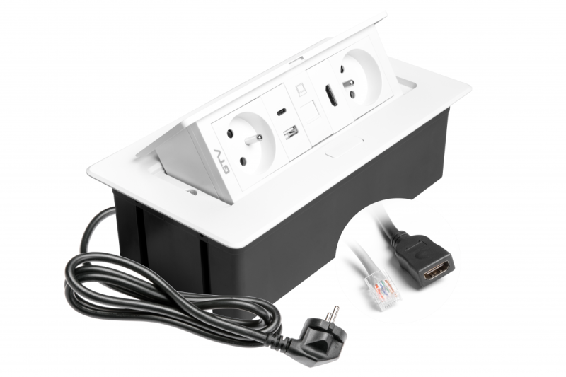 Tomada de Móveis MULTISOFT 2x Tomada com Aterramento, USB A+C, RJ45, HDMI, Cabo de Alimentação com Plugue, Branco