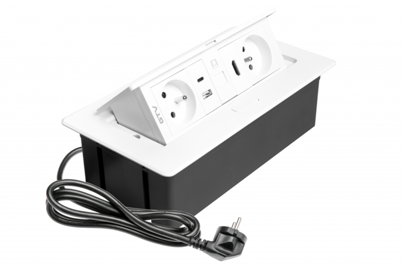 Tomada de Móveis MULTISOFT 2x Tomada com Aterramento, USB A+C, RJ45, HDMI, Cabo de Alimentação com Plugue, Branco