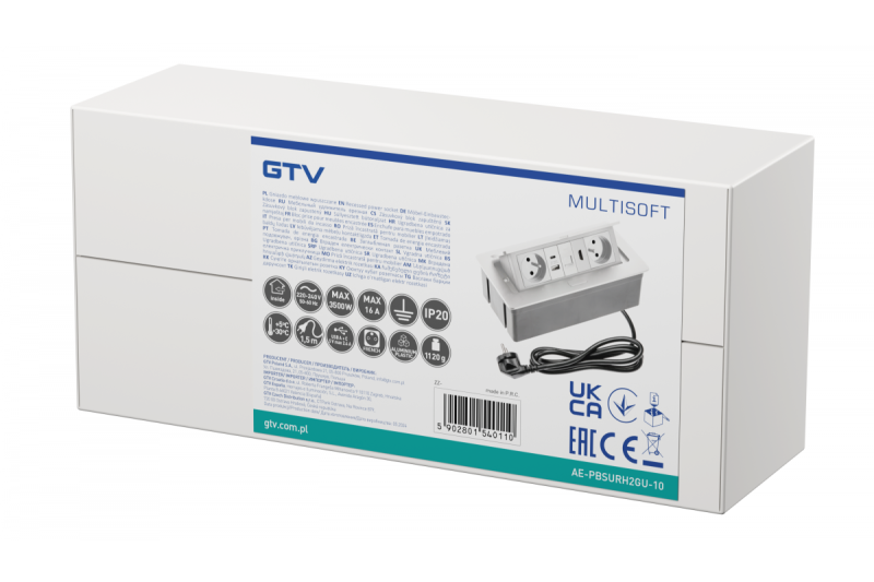 Tomada de Móveis MULTISOFT 2x Tomada com Aterramento, USB A+C, RJ45, HDMI, Cabo de Alimentação com Plugue, Branco