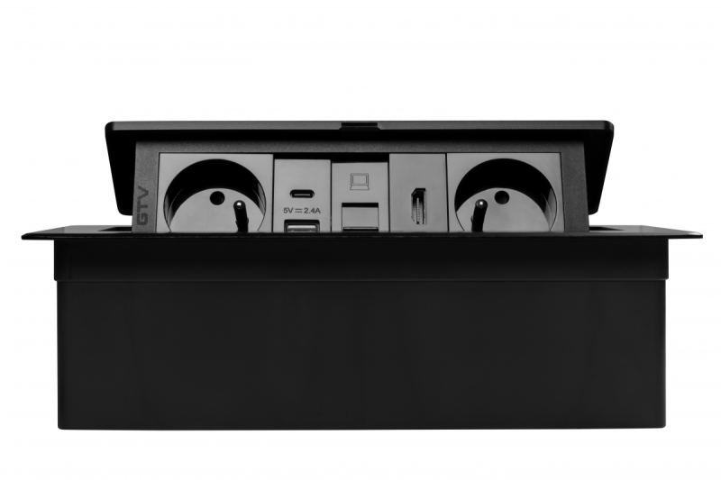 MULTISOFT tomada para móveis 2x Tomada com Aterramento, USB A+C, RJ45, HDMI, Cabo de Alimentação com Plugue, Preto