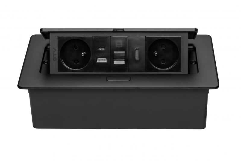 MULTISOFT tomada para móveis 2x Tomada com Aterramento, USB A+C, RJ45, HDMI, Cabo de Alimentação com Plugue, Preto