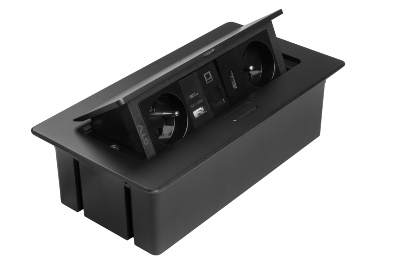 MULTISOFT tomada para móveis 2x Tomada com Aterramento, USB A+C, RJ45, HDMI, Cabo de Alimentação com Plugue, Preto