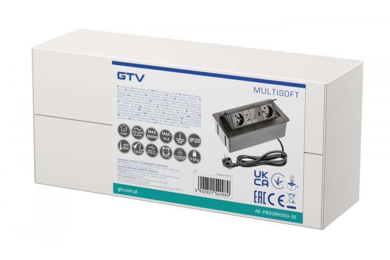 MULTISOFT tomada para móveis 2x Tomada com Aterramento, USB A+C, RJ45, HDMI, Cabo de Alimentação com Plugue, Preto