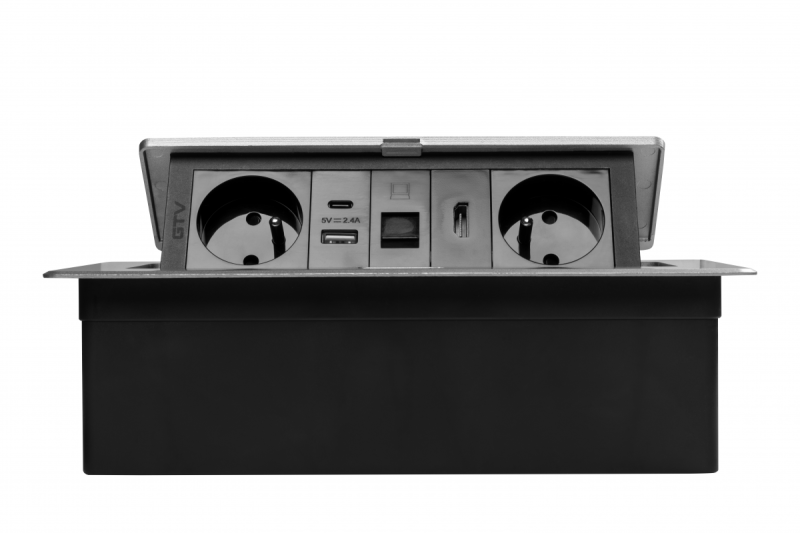 MULTISOFT tomada de mobiliário 2x Tomada com Aterramento, USB A+C, RJ45, HDMI, Cabo de Alimentação com Plugue, Alumínio