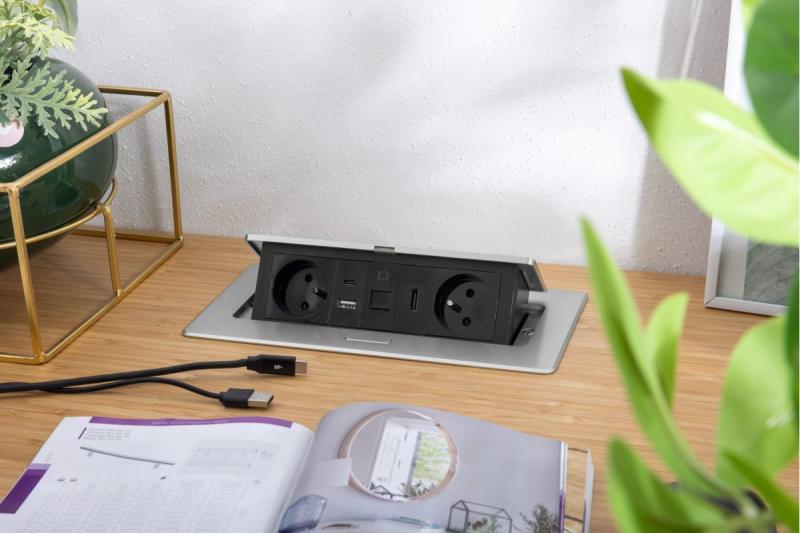 MULTISOFT tomada de mobiliário 2x Tomada com Aterramento, USB A+C, RJ45, HDMI, Cabo de Alimentação com Plugue, Alumínio