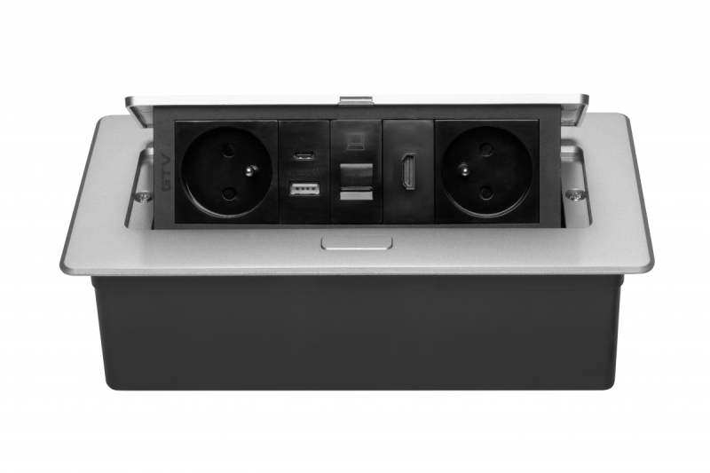 MULTISOFT tomada de mobiliário 2x Tomada com Aterramento, USB A+C, RJ45, HDMI, Cabo de Alimentação com Plugue, Alumínio