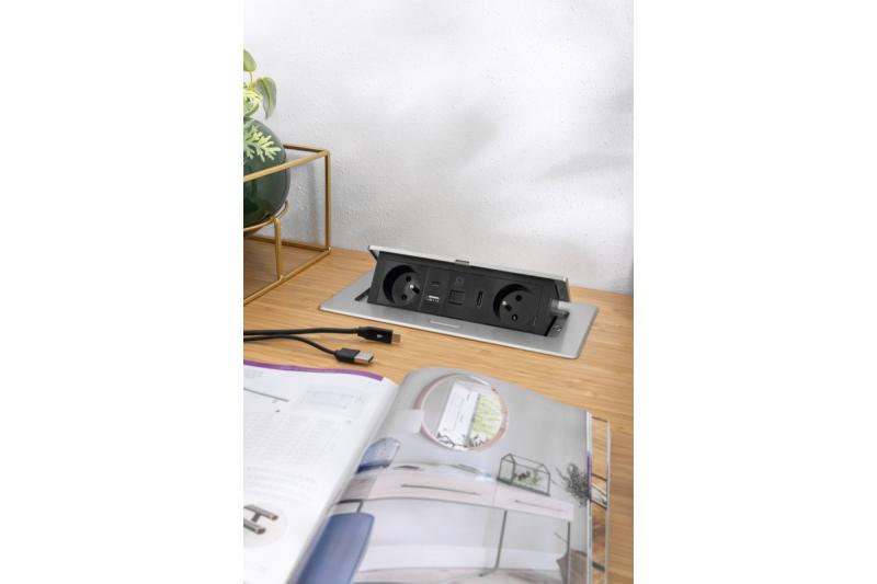 MULTISOFT tomada de mobiliário 2x Tomada com Aterramento, USB A+C, RJ45, HDMI, Cabo de Alimentação com Plugue, Alumínio