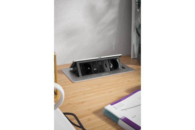 MULTISOFT tomada de mobiliário 2x Tomada com Aterramento, USB A+C, RJ45, HDMI, Cabo de Alimentação com Plugue, Alumínio