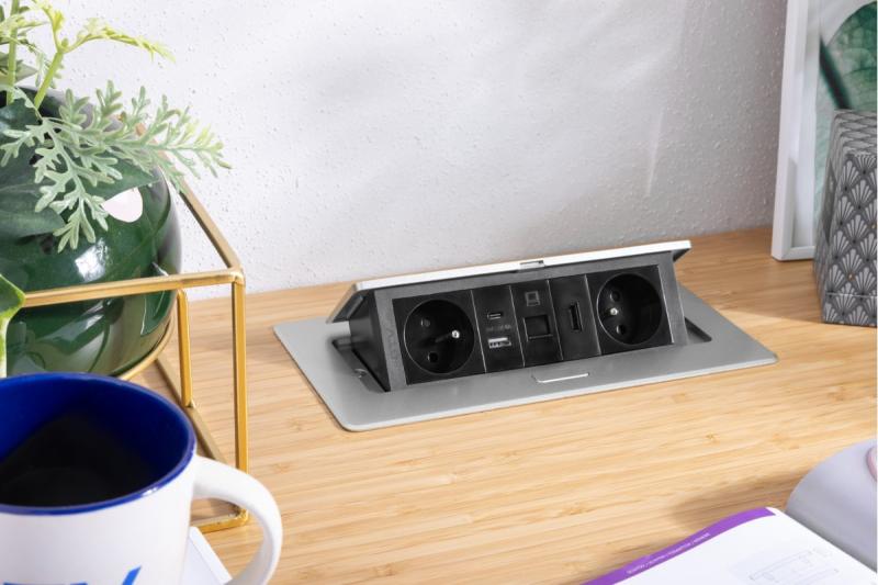 MULTISOFT tomada de mobiliário 2x Tomada com Aterramento, USB A+C, RJ45, HDMI, Cabo de Alimentação com Plugue, Alumínio