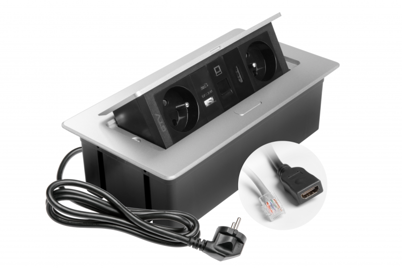 MULTISOFT tomada de mobiliário 2x Tomada com Aterramento, USB A+C, RJ45, HDMI, Cabo de Alimentação com Plugue, Alumínio