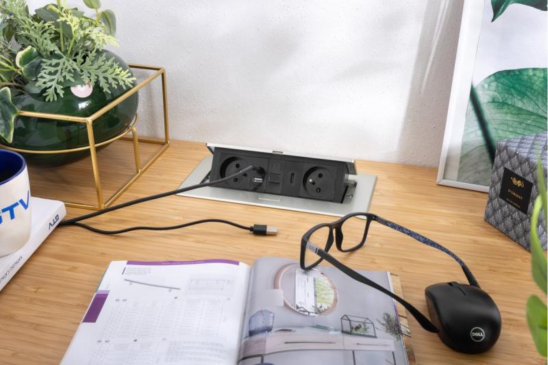 MULTISOFT tomada de mobiliário 2x Tomada com Aterramento, USB A+C, RJ45, HDMI, Cabo de Alimentação com Plugue, Alumínio