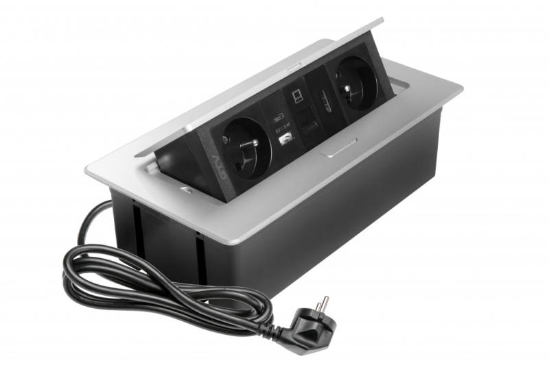 MULTISOFT tomada de mobiliário 2x Tomada com Aterramento, USB A+C, RJ45, HDMI, Cabo de Alimentação com Plugue, Alumínio