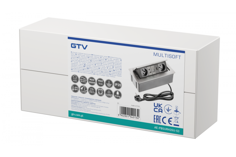 MULTISOFT tomada de mobiliário 2x Tomada com Aterramento, USB A+C, RJ45, HDMI, Cabo de Alimentação com Plugue, Alumínio