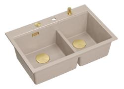 Quadri Hard Rock Pia Dupla em Granito Bege de Superfície 76x50 cm com Plugue Dourado e Acessórios 1208971663
