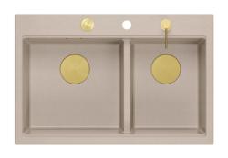 Quadri Hard Rock Pia Dupla em Granito Bege de Superfície 76x50 cm com Plugue Dourado e Acessórios 1208971663