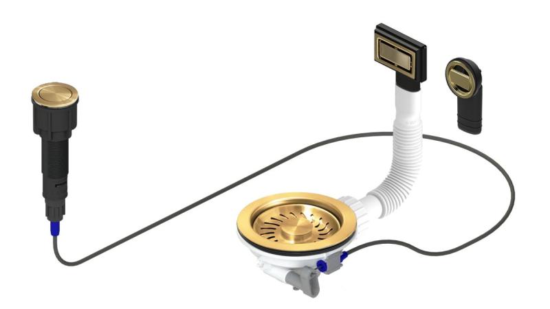 Conjunto de esgoto Granitemy Dourado incluindo botão de pressão com plugue, além de overflow retangular e redondo 1208971743