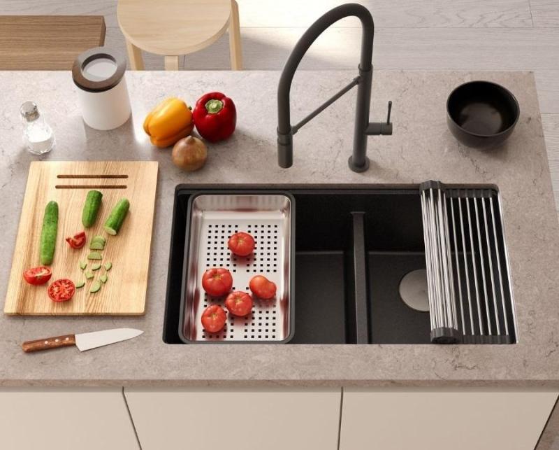 Quadri Newport II Dupla Bege Granito Embutido Pia 76x45 cm com plugue de aço inoxidável 1208971754