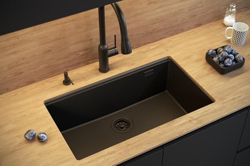 Quadri Newport II pia grande e profunda em granito de montagem superior e inferior em bege, pia de 76x45cm com plugue de cobre 1208971758