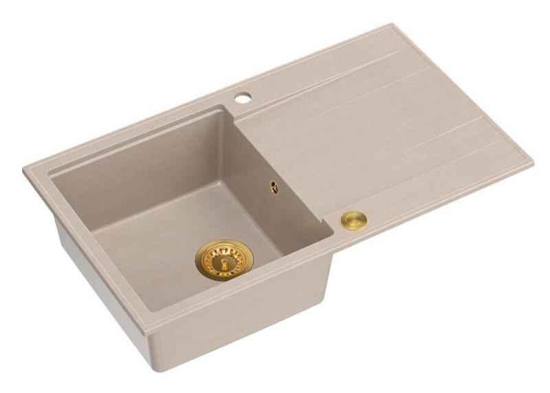 Pia de granito bege pérola Quadri Luton com superfície de escorrimento reversível 86x50cm com plugue dourado 1208971778