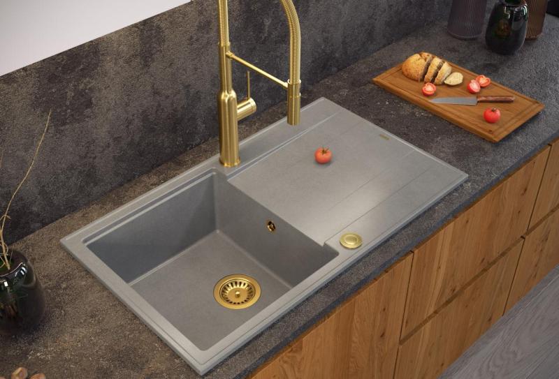 Pia de granito bege pérola Quadri Luton com superfície de escorrimento reversível 86x50cm com plugue dourado 1208971778