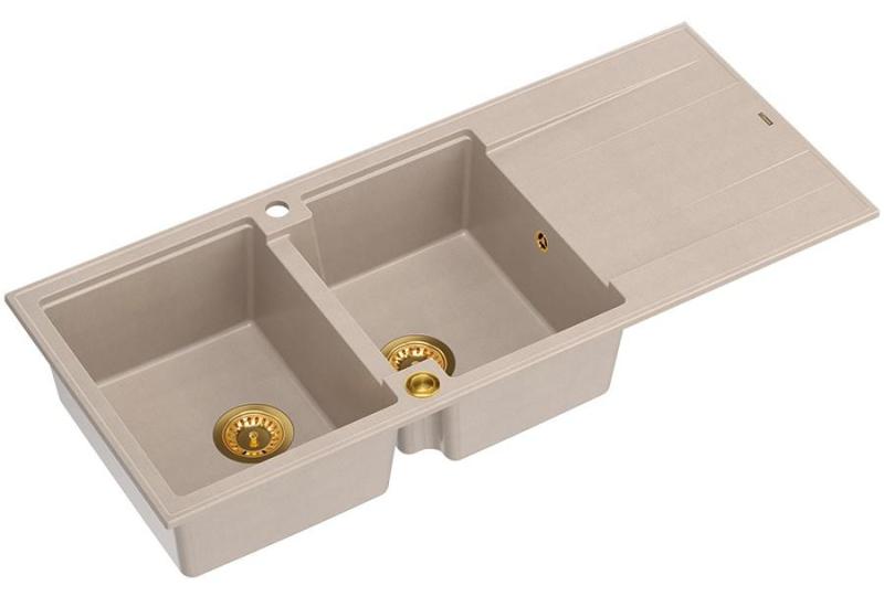Quadri Luton construção de pia dupla de granito pérola bege com área de escorrimento 116x50 cm com plugue dourado 1208971809