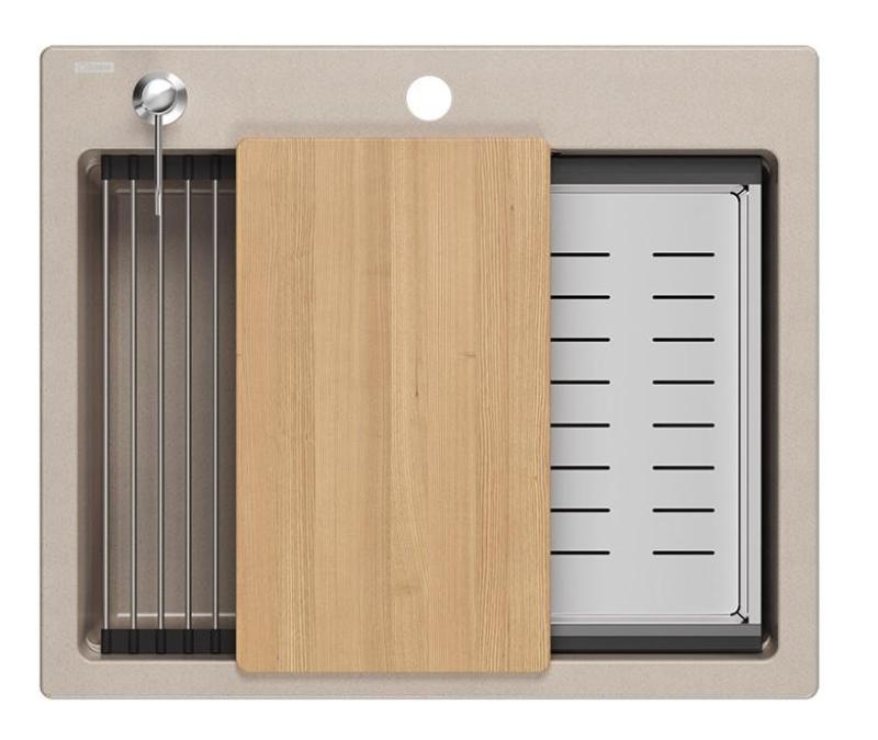 Quadri Durham Pearl Beige granito pia de bancada 595x500 com dispensador de sabão, tábua de cortar, pia auxiliar e tapete de rolo 1208971814