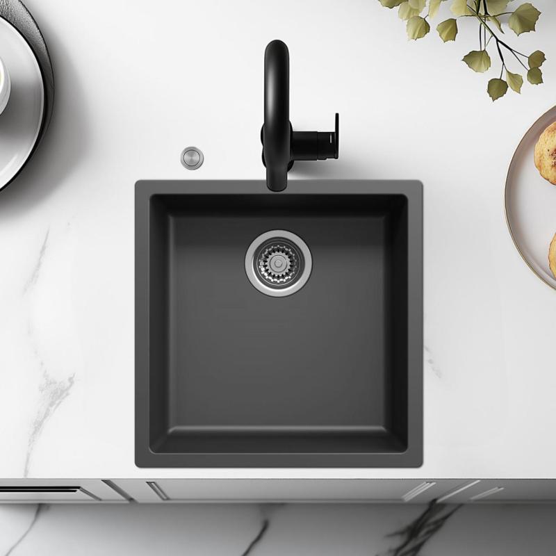 Pia de fibra Ausmann preta 40x40cm para montagem inferior, superior e nivelada com plugue automático de aço inoxidável 1208971836