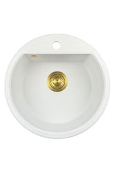 GraniteMy Bremen pia redonda de granito 43 cm branca, de sobrepor e embutir, com furo para torneira e plug automático dourado 1208971848