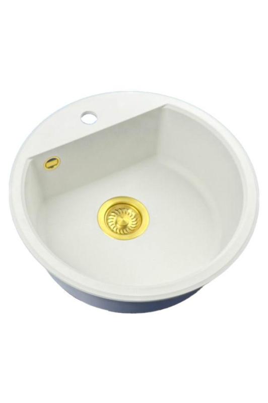 GraniteMy Bremen pia redonda de granito 43 cm branca, de sobrepor e embutir, com furo para torneira e plug automático dourado 1208971848