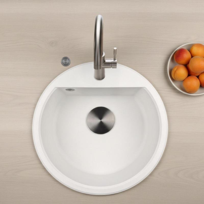 GraniteMy Bremen pia redonda de granito de 43 cm branca, de superfície e submontagem, com furo para torneira e plug automático de metal preto 1208971849