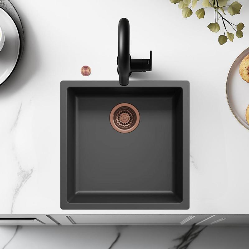 Pia de fibra Ausmann preta 40x40cm para embutir, sobrepor e instalar ao nível da bancada com plugue automático de cobre 1208971852