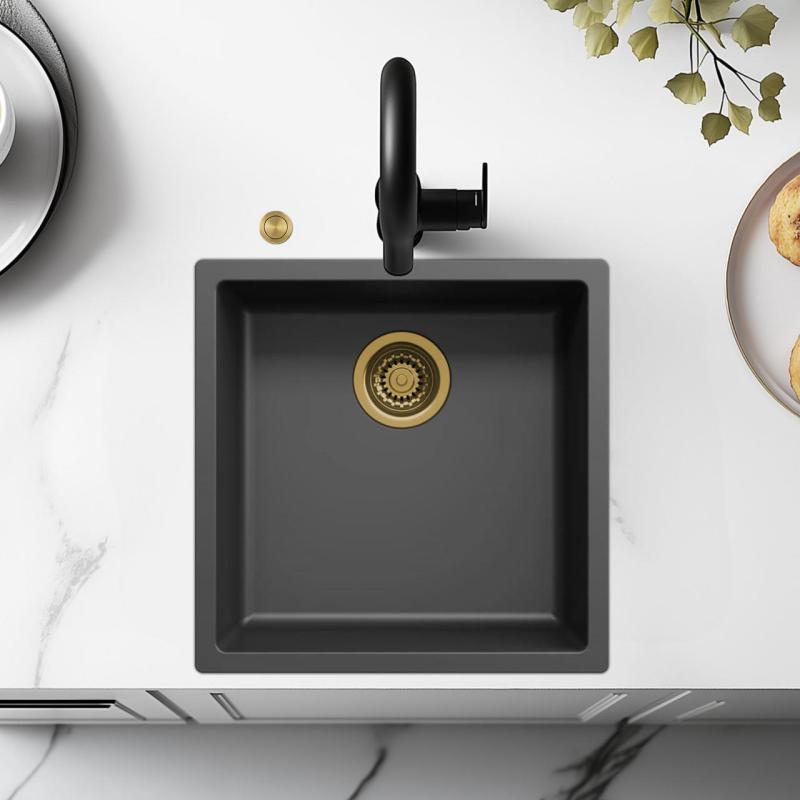 Pia de fibra Ausmann preta 40x40cm de embutir, sobrepor e de instalação plana com plugue dourado automático 1208971853