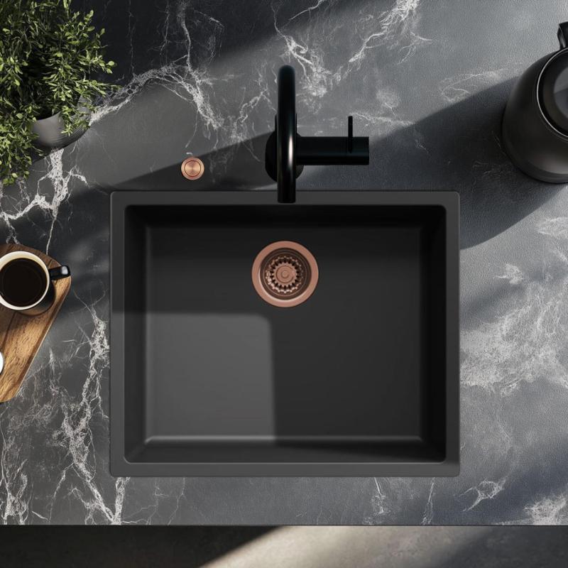 Pia de fibra Ausmann preta 50x40cm de embutir, sobrepor e montagem plana com plugue de cobre automático 1208971858