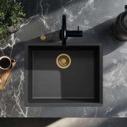 Pia de fibra Ausmann preta de 50x40cm para embutir, sobrepor e montagem plana com plugue automático dourado 1208971859