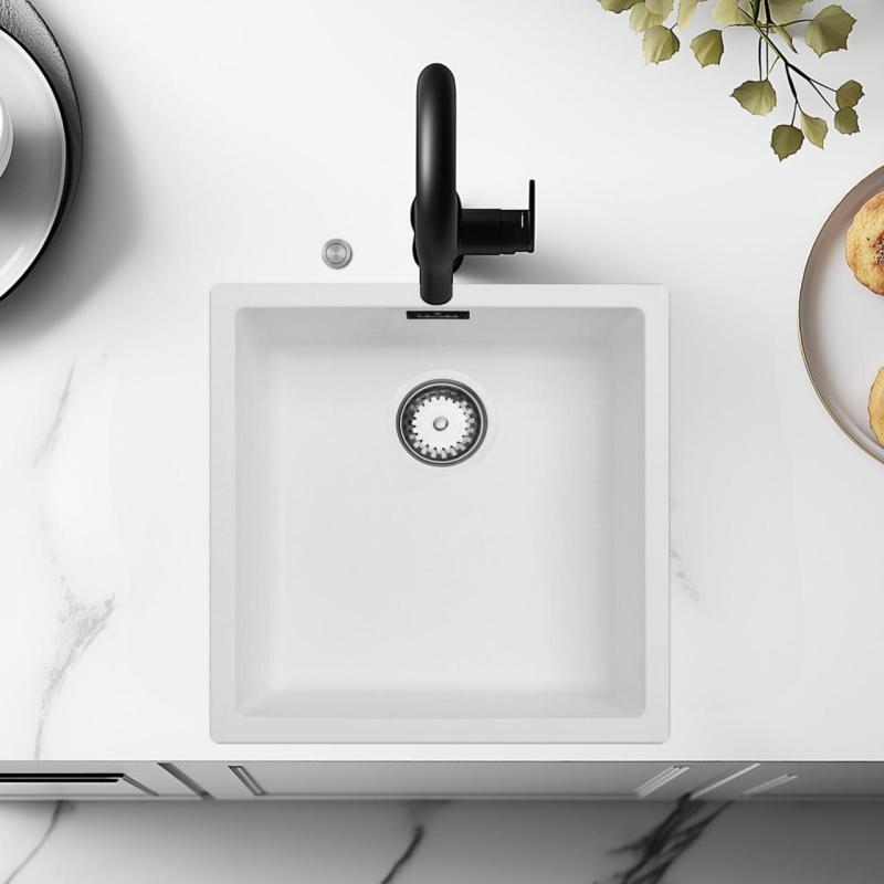 Pia de fibra branca Ausmann 40x40cm para embutir, sobrepor e instalação plana com plugue automático de aço inoxidável 1208971891