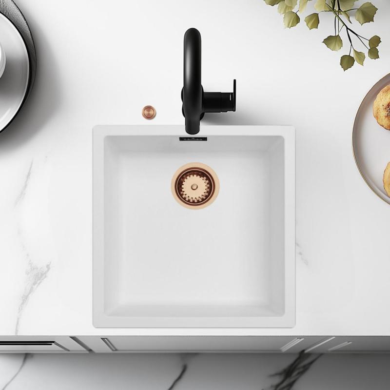 Pia de fibra Ausmann branca 40x40cm de embutir, sobrepor e de instalação nivelada com plugue automático de cobre 1208971893
