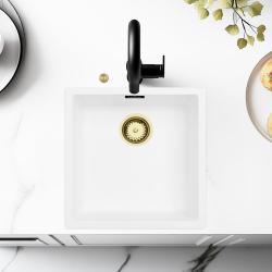 Ausmann Fibre pia branca 40x40cm para embutir, sobrepor e instalar ao nível da bancada com plugue automático dourado 1208971894