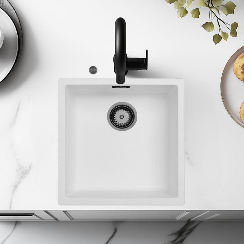 Ausmann Fibre pia branca de 40x40cm para instalação inferior, superior e nivelada com plugue automático de metal de arma 1208971895