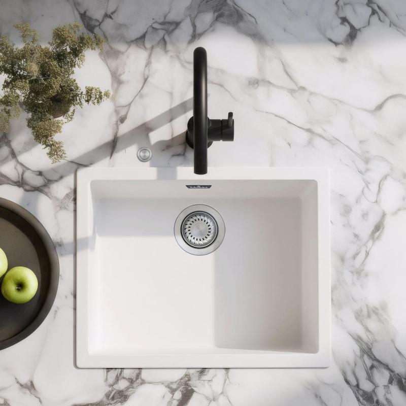 Ausmann Fibre pia branca 50x40cm para embutir, sobrepor e montagem nivelada com plug automático de aço inoxidável 1208971898