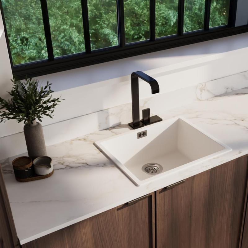 Ausmann Fibre pia branca 50x40cm para embutir, sobrepor e montagem nivelada com plug automático de aço inoxidável 1208971898