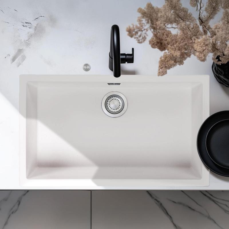 Ausmann Fibra branca grande pia de 70x40cm para instalação embutida, sobreposta e plana, com plugue automático de aço inoxidável 1208971904