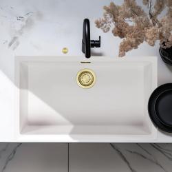 Ausmann Fibra branca com grande pia de 70x40cm para montagem inferior, superior e embutida com plugue automático dourado 1208971907