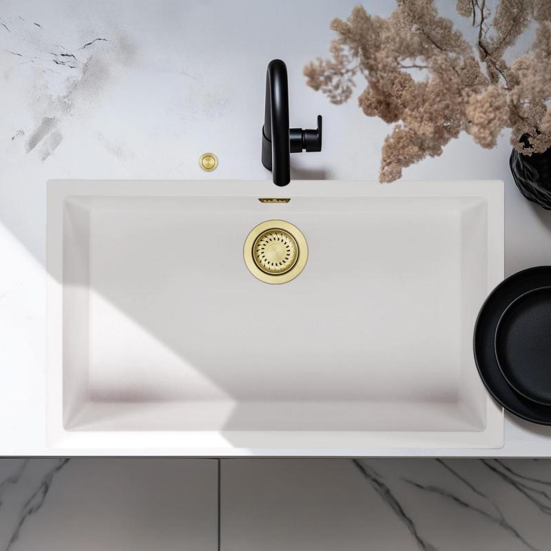 Ausmann Fibra branca com grande pia de 70x40cm para montagem inferior, superior e embutida com plugue automático dourado 1208971907