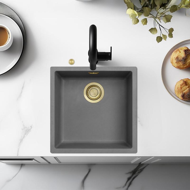 Ausmann Fibre pia de concreto cinza 40x40cm para embutir, sobrepor e montar na superfície com plugue automático dourado 1208971913