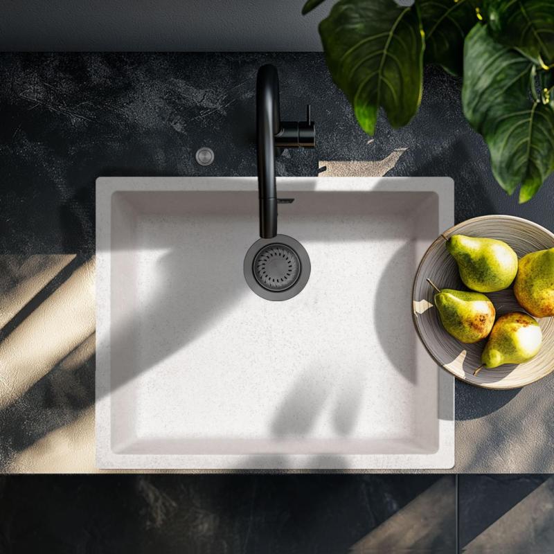 Ausmann Fibre pia de areia branca 50x40cm de embutir, sobrepor e de instalação plana com plugue automático de metal cinza 1208971934