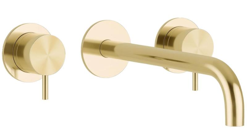 Torneira de lavatório embutida Waterrevolution Flow de 3 furos PVD ouro branco com bico de 15 cm T1163FWGE-15