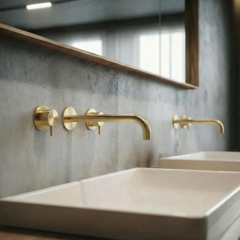 Torneira de lavatório embutida Waterrevolution Flow de 3 furos PVD ouro branco com bico de 21 cm T1163FWGE-21