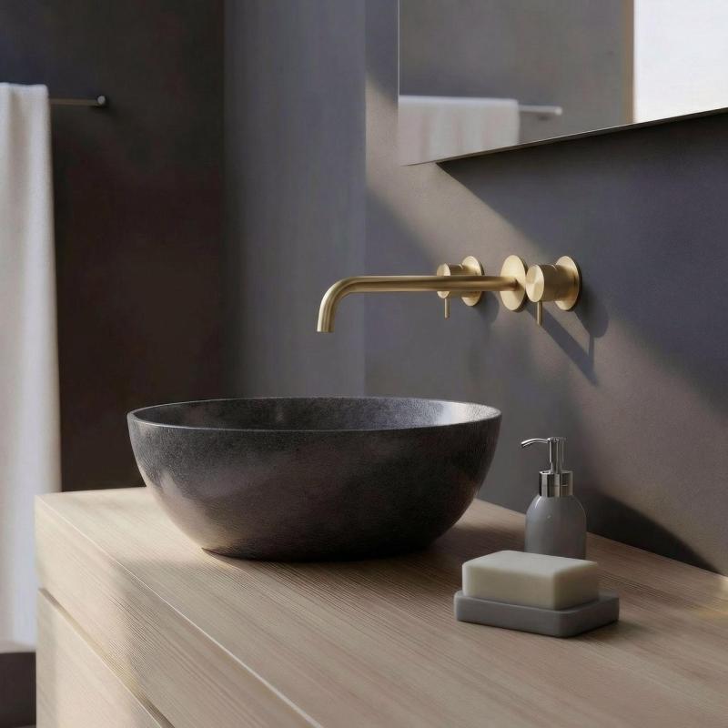 Torneira de lavatório embutida Waterrevolution Flow de 3 furos PVD ouro branco com bico de 25 cm T1163FWGE-25