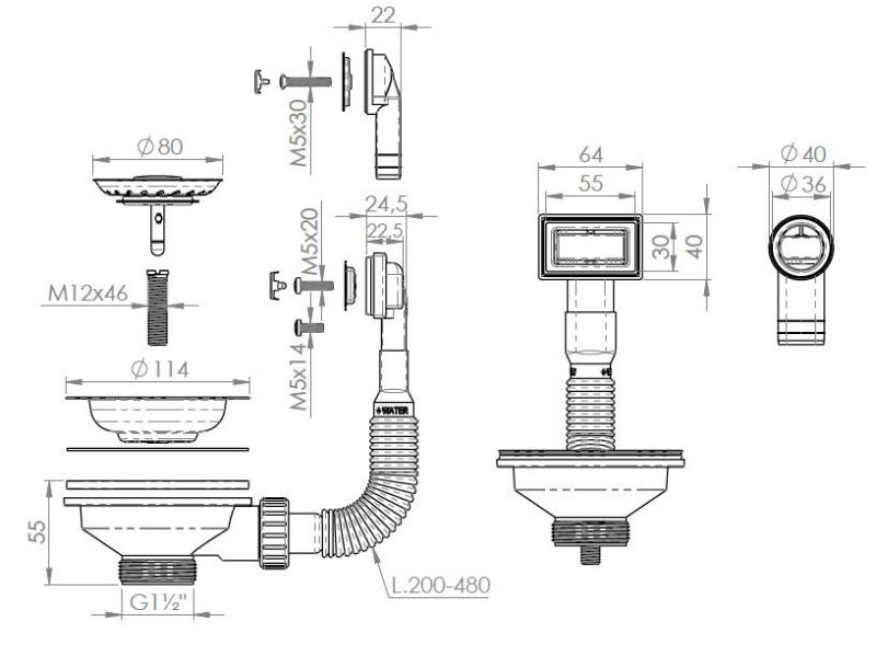 Pure.Sink Universal Conjunto de tampões para cesto Gun metal, conjunto de drenagem para lava-loiça incl. transbordamento redondo e retangular WSTMAN-61